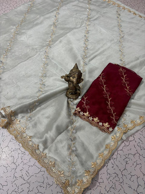 Pfancy silk Embellished, Embroidered, Floral Print Kanjivaram Polyester Saree(White)