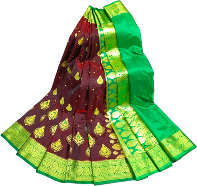 Urvashi Silk Saree Embroidered Banarasi Satin Saree(Maroon)