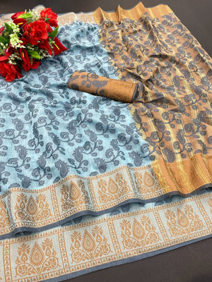 Gita Textiles Self Design Daily Wear Cotton Blend Saree(Blue)
