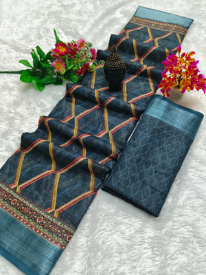 HouseOfCommon Printed Kanjivaram Linen, Cotton Linen Saree(Pack of 2, Multicolor)