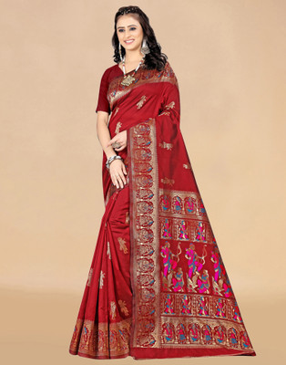 Samah Woven, Embellished, Self Design Banarasi Silk Blend, Jacquard Saree(Red, Gold, Multicolor)