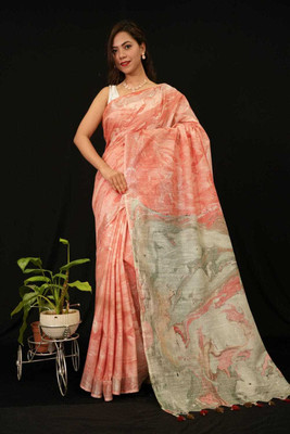 Luxury Silk Printed Bhagalpuri Handloom Cotton Blend Saree(Orange)
