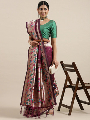 HouseOfCommon Printed Paithani Cotton Silk Saree(Purple)