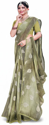 Pallu Patola Floral Print, Geometric Print Chanderi Cotton Blend Saree(Green)