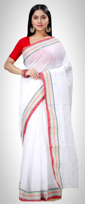 Ganesh plastic and industry Solid/Plain Handloom Pure Cotton Saree(White)