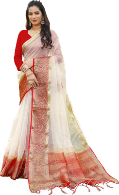 Aarunika BS Solid/Plain Bollywood Organza Saree(White, Red)