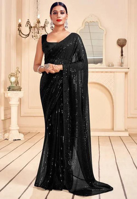Madhav Creation Embroidered Bollywood Georgette Saree(Black)