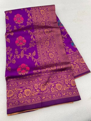 KHANJAN FASHION Floral Print, Geometric Print, Self Design, Woven Paithani Pure Silk, Jacquard Saree(Purple)