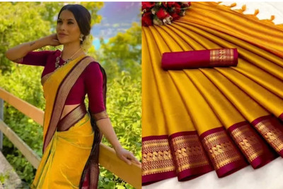 Mortal Textile Temple Border Assam Silk Cotton Silk Saree(Orange)