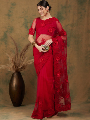 manvaa Embroidered Bollywood Net Saree(Red)