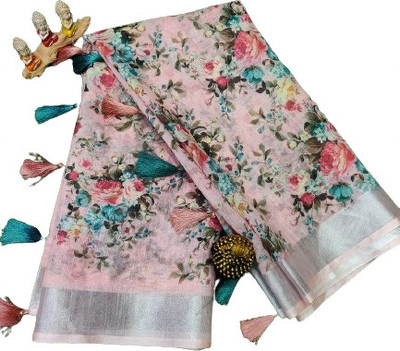 HouseOfCommon Floral Print Bollywood Linen Saree(Multicolor)