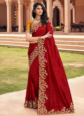OFLINE SELECTION Embroidered Bollywood Silk Blend Saree(Red)