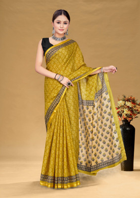 Divastri Blocked Printed, Printed Chanderi Cotton Blend Saree(Yellow)