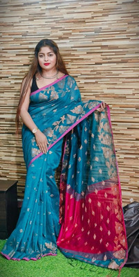 AKfasionN Embroidered Handloom Cotton Silk Saree(Light Blue)