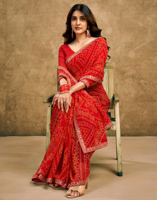 Samah Printed, Embroidered, Embellished Bollywood Georgette, Chiffon Saree(Red)
