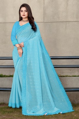 MGCollectionONE Embroidered Bollywood Lycra Blend Saree(Light Blue)