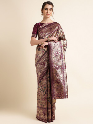 HouseOfCommon Animal Print, Floral Print, Graphic Print, Self Design Banarasi Pure Silk Saree(Purple, Dark Green)