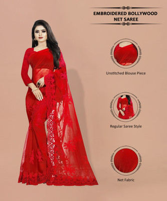 Barkiya Creation Embroidered Bollywood Net Saree(Red)