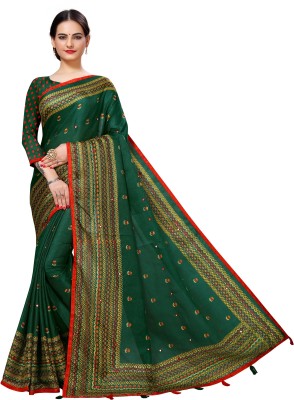 Jhalak Embroidered, Woven, Embellished, Polka Print Bollywood Cotton Blend, Cotton Jute Saree(Dark Green)