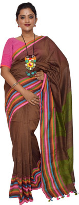 KheyaliBoutique Woven Handloom Cotton Blend Saree(Brown)