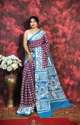 SARATHITEXTILE Color Block Hand Batik Cotton Blend Saree(Purple)