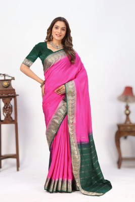 PremVastra Color Block, Striped Mysore Crepe Saree(Pink)