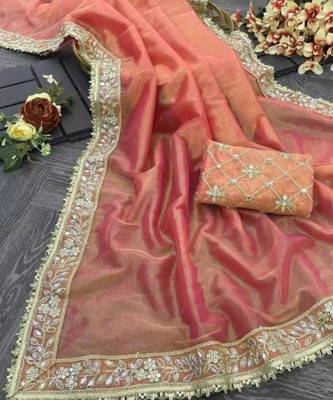Solid Handloom Applique Saree with Attached Blouse Net, Tissue Saree(Pink)