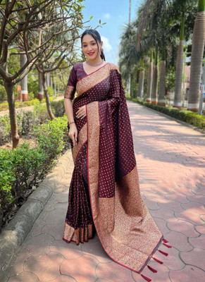 all about you Woven Banarasi Silk Blend Saree(Maroon)