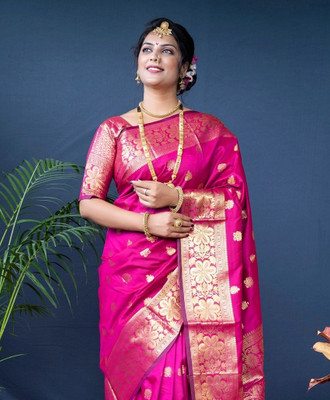 LEOSAGI Embellished, Woven, Self Design Kanjivaram Jacquard, Silk Blend Saree(Pink)