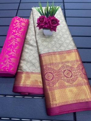 Aika Self Design Banarasi Cotton Silk Saree(Pink, Beige)