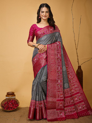 Anouk Rustic Printed Patola Silk Blend Saree(Grey)