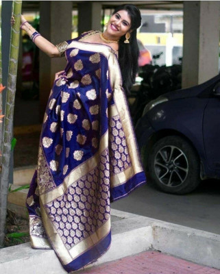 SHWENILA Solid/Plain Assam Silk Pure Silk Saree(Dark Blue)
