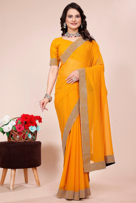SAADHYA CREATION Embroidered, Solid/Plain Bollywood Georgette Saree(Mustard)