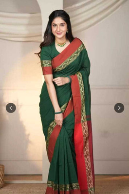 GANESH PLASTIC Printed Handloom Pure Cotton Saree(Dark Green)