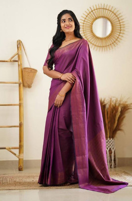 V And V Shop Striped Banarasi Pure Silk Saree(Purple)