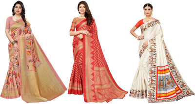 Nirvaan Printed Kanjivaram Art Silk Saree(Pack of 3, Pink, Red, Cream)