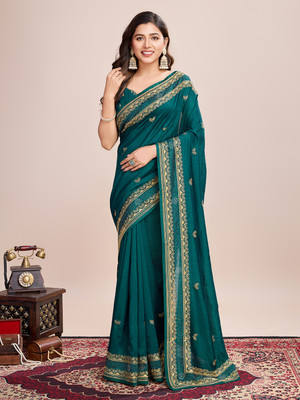 VERAFASHION Embroidered Bollywood Cotton Silk Saree(Green)