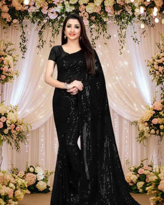 Jayu Digital Print, Dyed, Embroidered, Printed, Self Design, Striped Bollywood Georgette Saree(Black)
