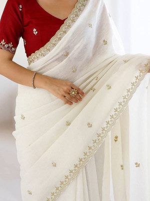 JB CREATION Embroidered Bollywood Georgette Saree(White)