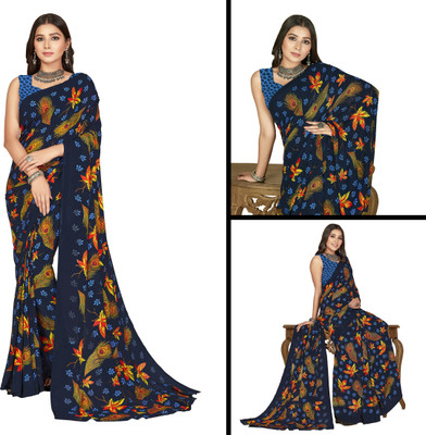 Anand Sarees Floral Print Daily Wear Georgette Saree(Blue)
