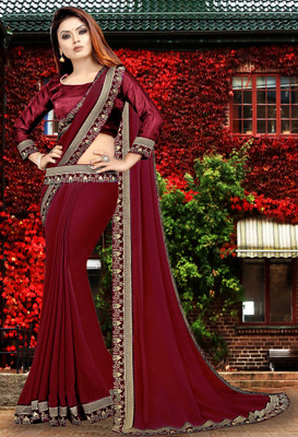 HNC Retail Temple Border, Solid/Plain Bollywood Lycra Blend, Chiffon Saree(Maroon)