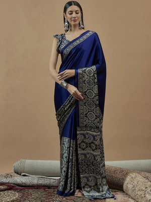 ANOUK Printed Hand Batik Crepe Saree(Blue)