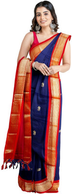 Dnyanada Embroidered Paithani Cotton Silk Saree(Dark Blue, Red)