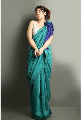 SMRITI HANDLOOM Solid/Plain Handloom Handloom Pure Cotton Saree(Light Green, Blue)