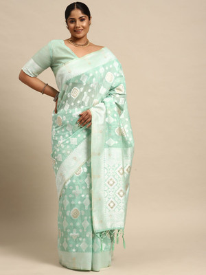 Sztori Woven, Self Design Banarasi Cotton Linen Saree(Light Green)