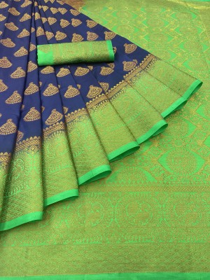 Mionas Woven Kanjivaram Pure Silk, Cotton Silk Saree(Dark Blue, Green)