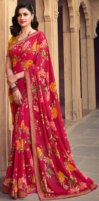 Hensi sarees shop Printed, Solid/Plain Bhagalpuri Georgette, Art Silk Saree(Red)