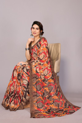 MIRCHI FASHION Printed, Striped Leheria Georgette Saree(Brown, Orange, Red)