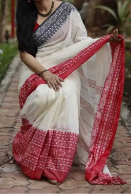 sourav biswas Self Design Handloom Pure Cotton Saree(White, Red)