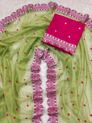 Mikhushop Embroidered Bollywood Supernet Saree(Green)